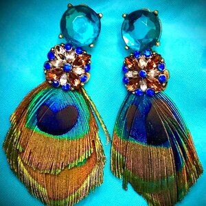 NWT ALEXANDRA'S ACCENTS Rhinestone Jewel Post Peacock Feather Dangle Earrings